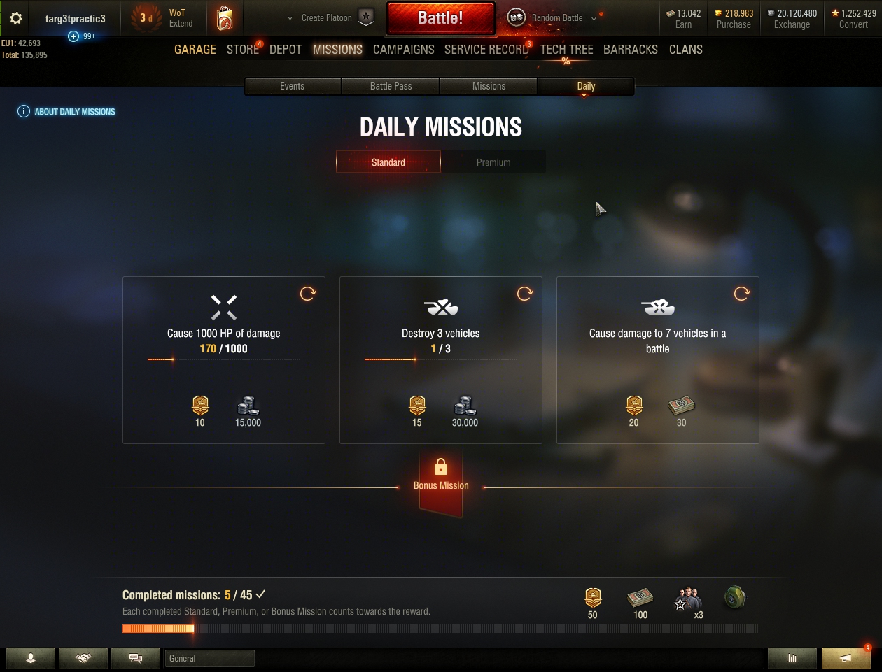 World of Tanks daily missions page