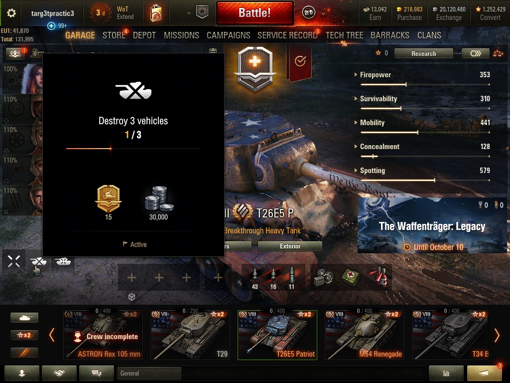 Hangar — active daily missions widget
